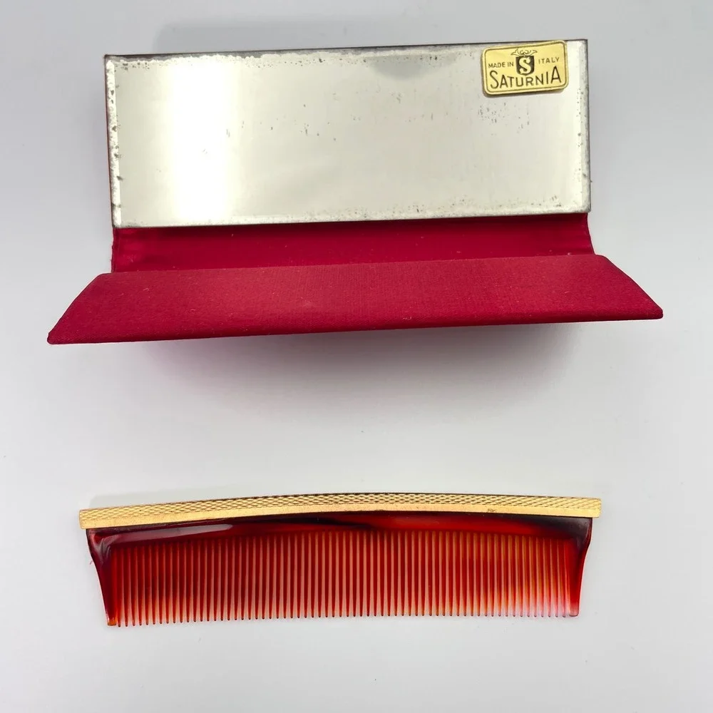 Vintage Saturnia Italy Vanity Comb Mirror Set Red Case Limoges‎ Portrait Rare